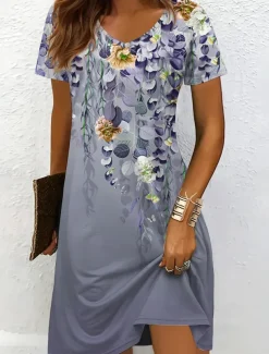 Women's Mini Dress Casual Dress T Shirt Dress Tee Dress Sundress A Line Dress Vacation Casual Boho Beach Regular Fit Ombre Floral Graphic Short Sleeve V Neck Black And White Yellow Red Blue Summer