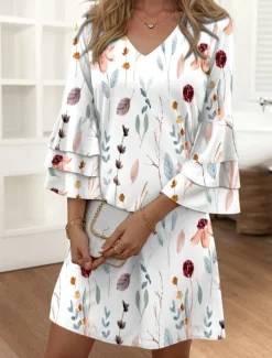 Women's Mini Dress Casual Dress Semi Formal Dress Petite Dress Sundress Streetwear Ruffle Sleeve Vacation Street Date Regular Fit Floral 3/4 Length Sleeve V Neck Pink Blue Purple Summer