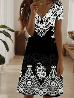 Women's Mini Dress Casual Dress Elegant Tropical Hawaiian Daily Regular Fit 3D Print Floral Short Sleeve Crew Neck Black White Pink Blue Summer