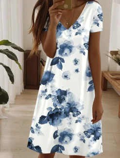 Women's Mini Dress Casual Dress Elegant Tropical Hawaiian Daily Regular Fit 3D Print Floral Short Sleeve Crew Neck Black White Pink Blue Summer