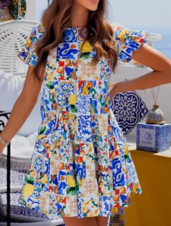 Women's Mini Dress Casual Dress A Line Dress Stylish Casual Vacation Daily Regular Fit Floral Short Sleeve Crew Neck Yellow Blue Fuchsia Summer