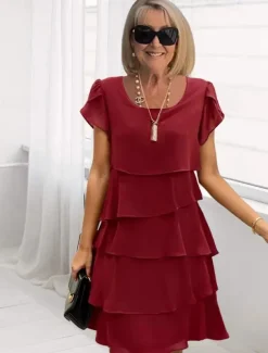 Women's Mini Dress Cocktail Dress Wedding Guest Dress Chiffon Dress Tiered Dress Elegant Evening Party Date Going out Regular Fit Pure Color Short Sleeve Crew Neck Black Pink Wine Red Fall