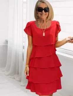 Women's Mini Dress Cocktail Dress Wedding Guest Dress Chiffon Dress Tiered Dress Elegant Evening Party Date Going out Regular Fit Pure Color Short Sleeve Crew Neck Black Pink Wine Red Fall