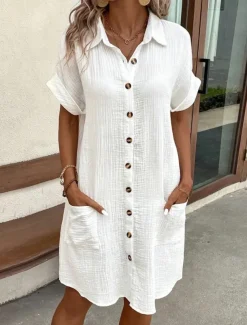 Women's Mini Dress Cotton Linen Dresses Shirt Dress Winter Dress Casual Vacation Regular Fit Plain Short Sleeve V Neck Black White Yellow Blue Summer