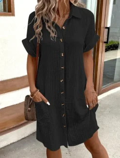 Women's Mini Dress Cotton Linen Dresses Shirt Dress Winter Dress Casual Vacation Regular Fit Plain Short Sleeve V Neck Black White Yellow Blue Summer