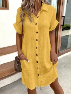 Women's Mini Dress Cotton Linen Dresses Shirt Dress Winter Dress Casual Vacation Regular Fit Plain Short Sleeve V Neck Black White Yellow Blue Summer