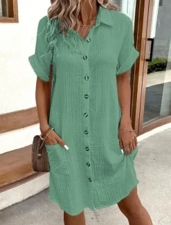 Women's Mini Dress Cotton Linen Dresses Shirt Dress Winter Dress Casual Vacation Regular Fit Plain Short Sleeve V Neck Black White Yellow Blue Summer