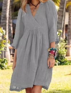 Women's Mini Dress Cotton Linen Dresses Casual Dress Basic Casual Vacation Daily Regular Fit Plain 3/4 Length Sleeve V Neck White Blue Brown Gray Summer
