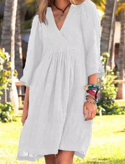 Women's Mini Dress Cotton Linen Dresses Casual Dress Basic Casual Vacation Daily Regular Fit Plain 3/4 Length Sleeve V Neck White Blue Brown Gray Summer