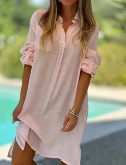 Women's Mini Dress Cotton Linen Dresses Basic Vacation Daily Regular Fit Plain Long Sleeve V Neck White Pink Green Khaki Summer Spring