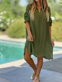 Women's Mini Dress Cotton Linen Dresses Basic Vacation Daily Regular Fit Plain Long Sleeve V Neck White Pink Green Khaki Summer Spring