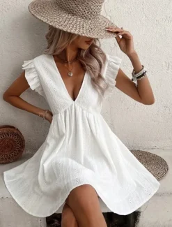 Women's Mini Dress Cotton Linen Dresses Basic Casual Vacation Daily Regular Fit Plain Sleeveless V Neck White Summer