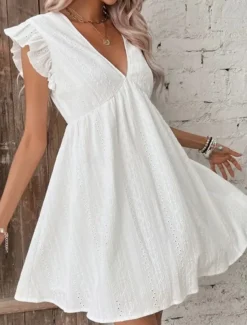 Women's Mini Dress Cotton Linen Dresses Basic Casual Vacation Daily Regular Fit Plain Sleeveless V Neck White Summer