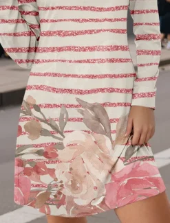 Women's Mini Dress Crew Neck Long Sleeve Casual Dress Petite Dress T Shirt Dress Tee Dress Casual Street Casual Regular Fit Floral Stripe Pink Fall Winter