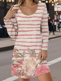 Women's Mini Dress Crew Neck Long Sleeve Casual Dress Petite Dress T Shirt Dress Tee Dress Casual Street Casual Regular Fit Floral Stripe Pink Fall Winter