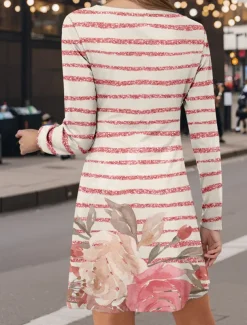 Women's Mini Dress Crew Neck Long Sleeve Casual Dress Petite Dress T Shirt Dress Tee Dress Casual Street Casual Regular Fit Floral Stripe Pink Fall Winter
