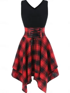 Women's Mini Dress Fit And Flare Dress Stylish Sexy Regular Fit Plaid Sleeveless V Neck White Red Blue Green Summer Spring