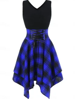 Women's Mini Dress Fit And Flare Dress Stylish Sexy Regular Fit Plaid Sleeveless V Neck White Red Blue Green Summer Spring