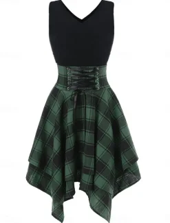 Women's Mini Dress Fit And Flare Dress Stylish Sexy Regular Fit Plaid Sleeveless V Neck White Red Blue Green Summer Spring