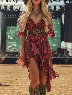 Women's Mini Dress Floral Dress Boho Dress Print Dress Western Dress Classic Modern Outdoor Vacation Holiday Regular Fit Flower Short Sleeve V Neck Wine Summer