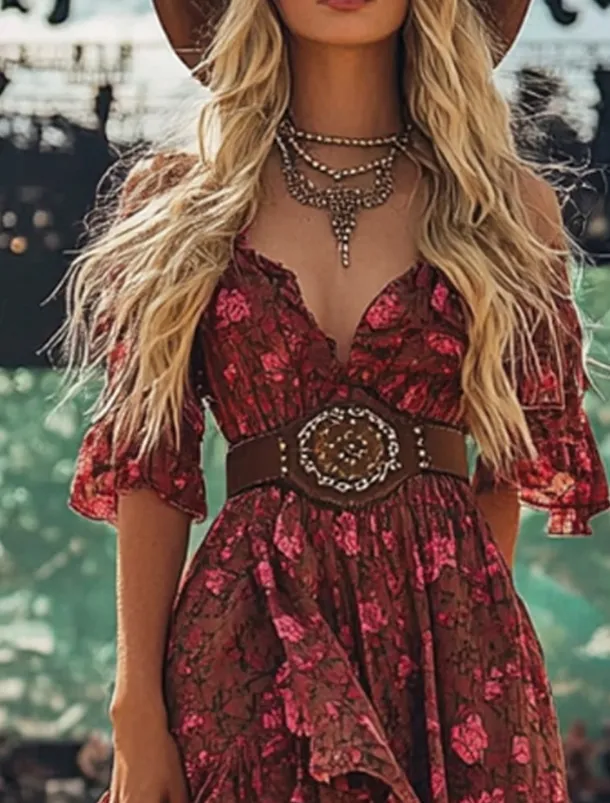Women's Mini Dress Floral Dress Boho Dress Print Dress Western Dress Classic Modern Outdoor Vacation Holiday Regular Fit Flower Short Sleeve V Neck Wine Summer