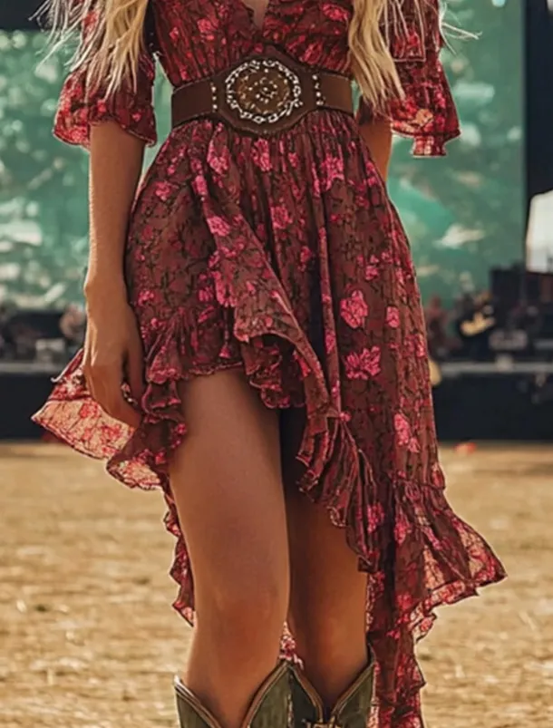 Women's Mini Dress Floral Dress Boho Dress Print Dress Western Dress Classic Modern Outdoor Vacation Holiday Regular Fit Flower Short Sleeve V Neck Wine Summer