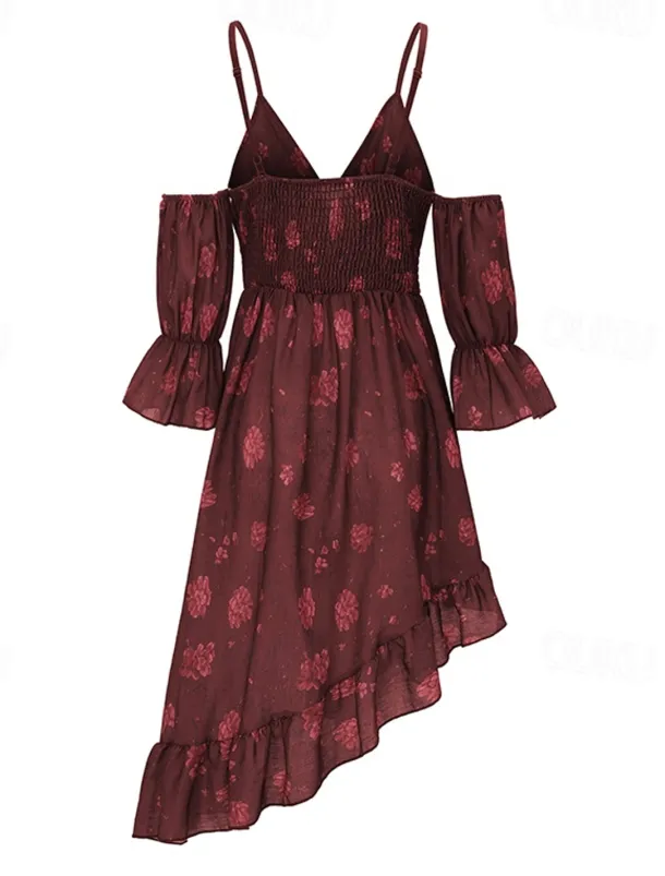 Women's Mini Dress Floral Dress Boho Dress Print Dress Western Dress Classic Modern Outdoor Vacation Holiday Regular Fit Flower Short Sleeve V Neck Wine Summer