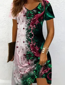 Women's Mini Dress Knit Dress Casual Dress T Shirt Dress Tee Dress Sundress Elegant Vacation Casual Beach Regular Fit Graphic Abstract Marble Short Sleeve V Neck Yellow Red Blue Purple Summer Spring