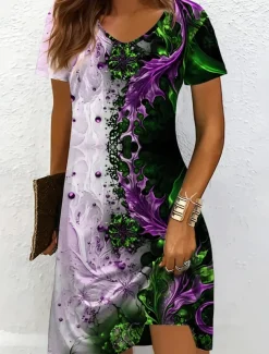 Women's Mini Dress Knit Dress Casual Dress T Shirt Dress Tee Dress Sundress Elegant Vacation Casual Beach Regular Fit Graphic Abstract Marble Short Sleeve V Neck Yellow Red Blue Purple Summer Spring