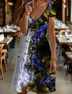 Women's Mini Dress Knit Dress Casual Dress T Shirt Dress Tee Dress Sundress Elegant Vacation Casual Beach Regular Fit Graphic Abstract Marble Short Sleeve V Neck Yellow Red Blue Purple Summer Spring