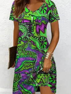 Women's Mini Dress Knit Dress Casual Dress T Shirt Dress Tee Dress Sundress Elegant Vacation Casual Beach Regular Fit Graphic Geometric Abstract Short Sleeve V Neck Yellow Blue Purple Orange Summer