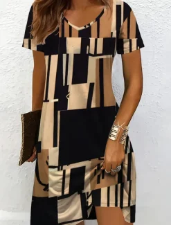 Women's Mini Dress Knit Dress Casual Dress T Shirt Dress Tee Dress Sundress Vacation Casual Regular Fit Graphic Geometric Short Sleeve V Neck Black And White Yellow Pink Blue Summer Spring