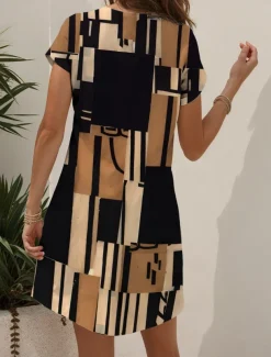 Women's Mini Dress Knit Dress Casual Dress T Shirt Dress Tee Dress Sundress Vacation Casual Regular Fit Graphic Geometric Short Sleeve V Neck Black And White Yellow Pink Blue Summer Spring