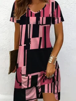 Women's Mini Dress Knit Dress Casual Dress T Shirt Dress Tee Dress Sundress Vacation Casual Regular Fit Graphic Geometric Short Sleeve V Neck Black And White Yellow Pink Blue Summer Spring