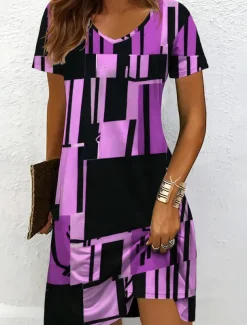 Women's Mini Dress Knit Dress Casual Dress T Shirt Dress Tee Dress Sundress Vacation Casual Regular Fit Graphic Geometric Short Sleeve V Neck Black And White Yellow Pink Blue Summer Spring