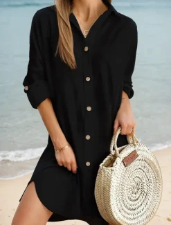 Women's Mini Dress Linen-Inspired Dresses White Dress Shirt Dress Casual Holiday Beach Regular Fit Plain Long Sleeve Lapel Black White Pink Blue Summer Fall