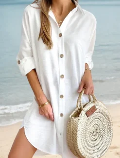 Women's Mini Dress Linen-Inspired Dresses White Dress Shirt Dress Casual Holiday Beach Regular Fit Plain Long Sleeve Lapel Black White Pink Blue Summer Fall
