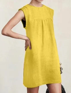 Women's Mini Dress Linen-Inspired Dresses Casual Dress Cotton Linen Dress Stylish Casual Vacation Daily Date Regular Fit Plain Sleeveless Crew Neck Yellow Red Gray Summer Spring