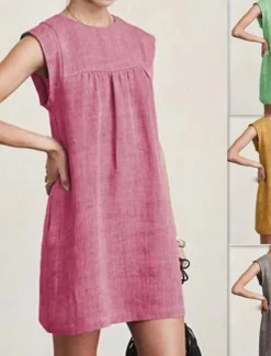 Women's Mini Dress Linen-Inspired Dresses Casual Dress Cotton Linen Dress Stylish Casual Vacation Daily Date Regular Fit Plain Sleeveless Crew Neck Yellow Red Gray Summer Spring