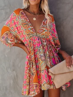 Women's Mini Dress Petite Dress Paisley Dress Casual Dress Boho Chic Dresses Boho Dress Bohemia Ethnic A Line Vacation Street Holiday Loose Fit Floral Paisley 3/4 Length Sleeve V Neck Fuchsia Summer