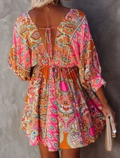 Women's Mini Dress Petite Dress Paisley Dress Casual Dress Boho Chic Dresses Boho Dress Bohemia Ethnic A Line Vacation Street Holiday Loose Fit Floral Paisley 3/4 Length Sleeve V Neck Fuchsia Summer