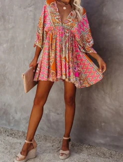Women's Mini Dress Petite Dress Paisley Dress Casual Dress Boho Chic Dresses Boho Dress Bohemia Ethnic A Line Vacation Street Holiday Loose Fit Floral Paisley 3/4 Length Sleeve V Neck Fuchsia Summer