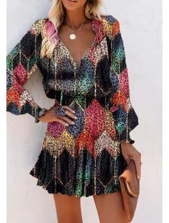 Women's Mini Dress Petite Dress Print Dress Fashion Daily Holiday Going out Regular Fit Flower Long Sleeve V Neck Black Red Khaki Rose Red Summer