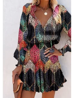 Women's Mini Dress Petite Dress Print Dress Fashion Daily Holiday Going out Regular Fit Flower Long Sleeve V Neck Black Red Khaki Rose Red Summer