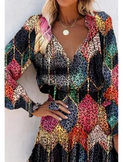 Women's Mini Dress Petite Dress Print Dress Fashion Daily Holiday Going out Regular Fit Flower Long Sleeve V Neck Black Red Khaki Rose Red Summer