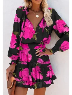 Women's Mini Dress Petite Dress Print Dress Fashion Daily Holiday Going out Regular Fit Flower Long Sleeve V Neck Black Red Khaki Rose Red Summer