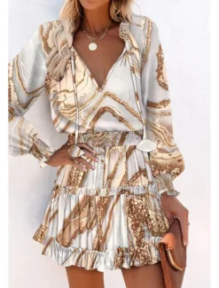 Women's Mini Dress Petite Dress Print Dress Fashion Daily Holiday Going out Regular Fit Flower Long Sleeve V Neck Black Red Khaki Rose Red Summer