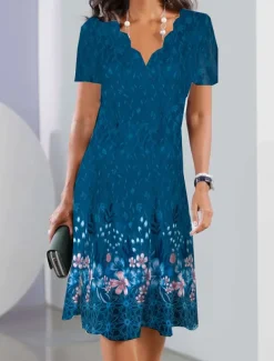 Women's Mini Dress Petite Dress Sundress A Line Dress Summer Dress Fashion Streetwear Modern Outdoor Vacation Daily Loose Fit Floral Short Sleeve Sweetheart Silver Blue Dark Green Fuchsia