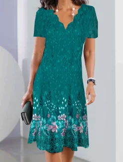 Women's Mini Dress Petite Dress Sundress A Line Dress Summer Dress Fashion Streetwear Modern Outdoor Vacation Daily Loose Fit Floral Short Sleeve Sweetheart Silver Blue Dark Green Fuchsia