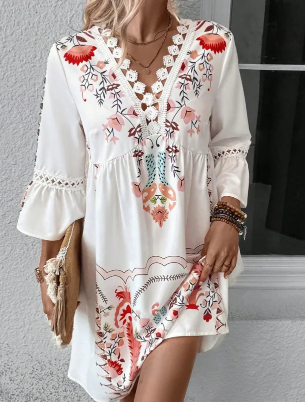 Women's Mini Dress Petite Dress Casual Dress Summer Dress Boho Dress Stylish Casual Vacation Daily Date Regular Fit Floral 3/4 Length Sleeve V Neck Black Red Fuchsia Apricot Summer